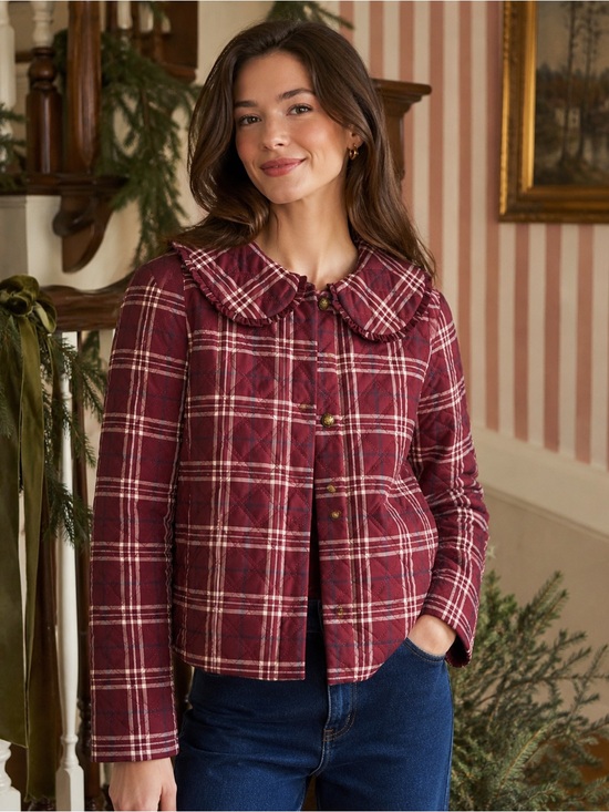 Hill House Jackets & Blazers - Hill House Home Burgundy Plaid Quilted Jacket Peter Pan Collar Size M